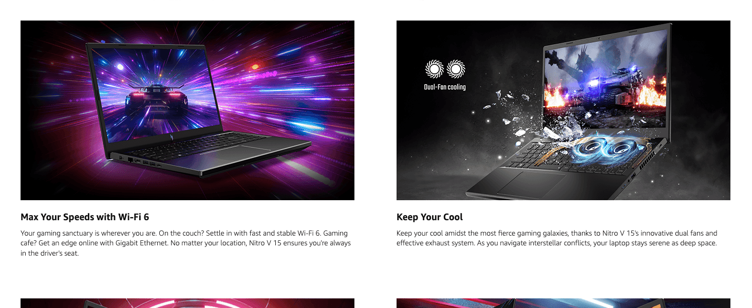 Highlights two distinct performance benefits, fast Wi-Fi connectivity and effective cooling, side by side to reassure gamers of reliable performance.