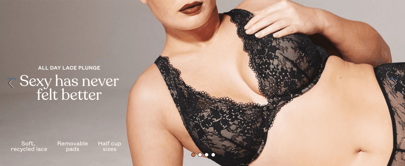 Showcases three distinct product benefits, soft recycled lace, removable pads and half cup sizing, to convince shoppers the bra is both stylish and practical.