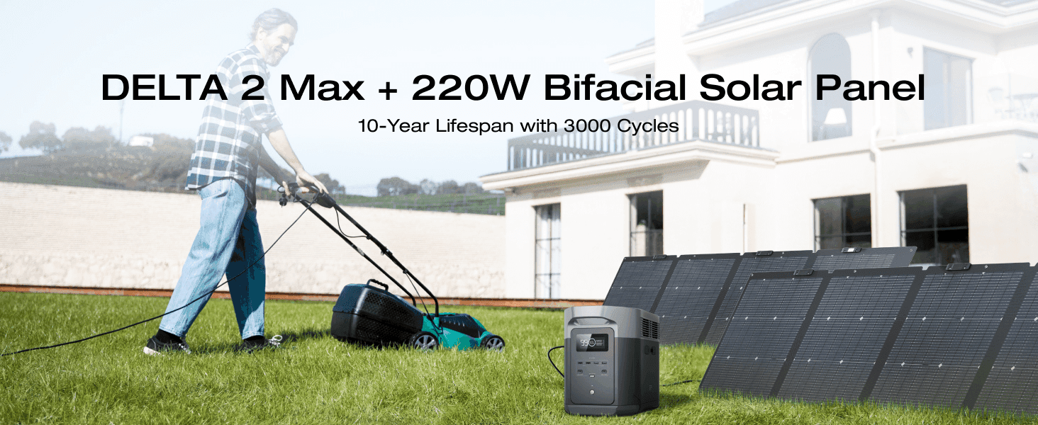 Introduces the DELTA 2 Max and solar panel bundle with a headline claim of a 10-year lifespan and 3000 charge cycles.