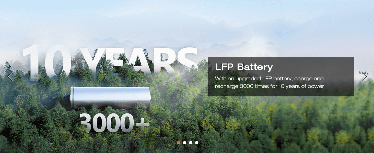 Highlights the long-lasting LFP battery's charge cycle count and lifespan to reassure buyers of durability and value. Communicates that the upgraded LFP battery delivers thousands of recharges over…