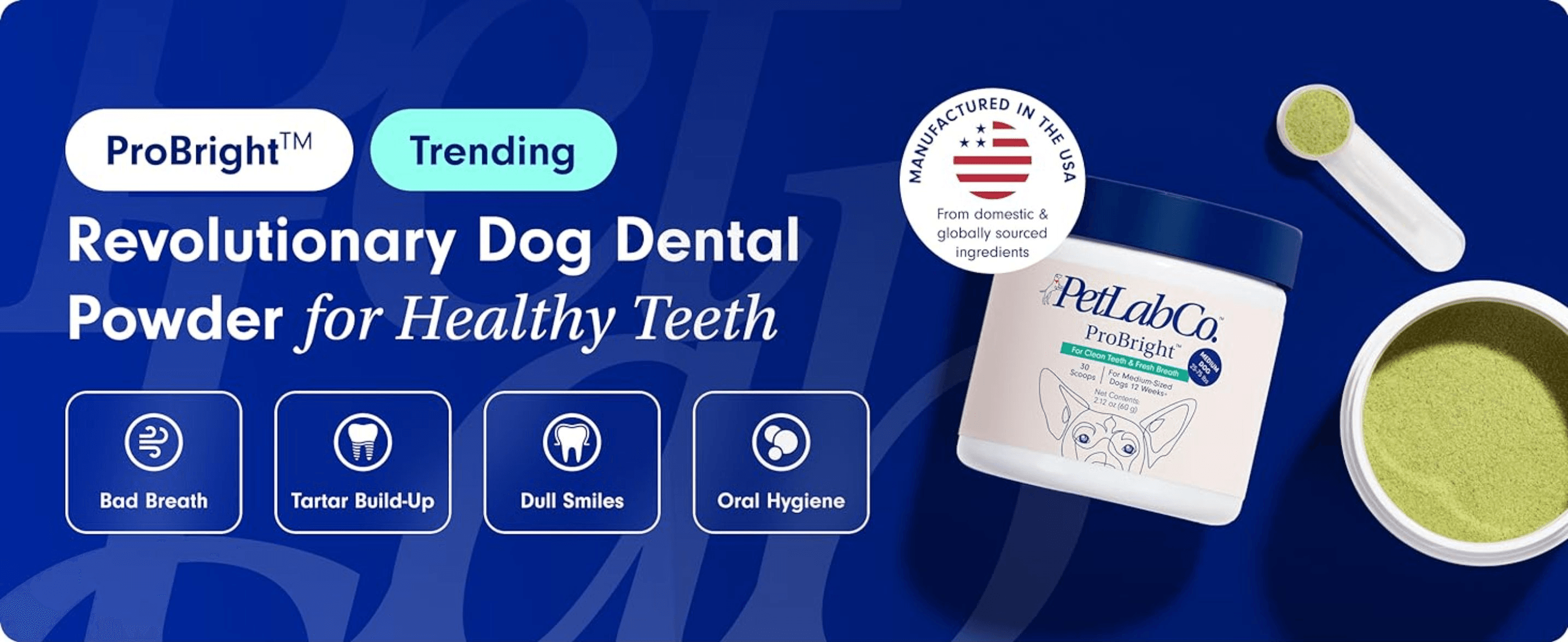 Highlights four distinct dental health benefits in an icon grid to convey comprehensive oral care in one glance. Reassures shoppers of quality and trust via a domestic manufacturing seal.