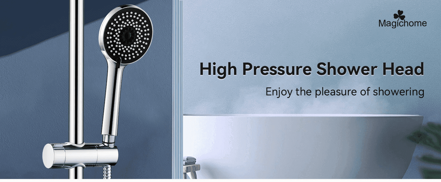 Introduces the shower head with a simple lifestyle scene and headline to establish the high-pressure showering benefit.