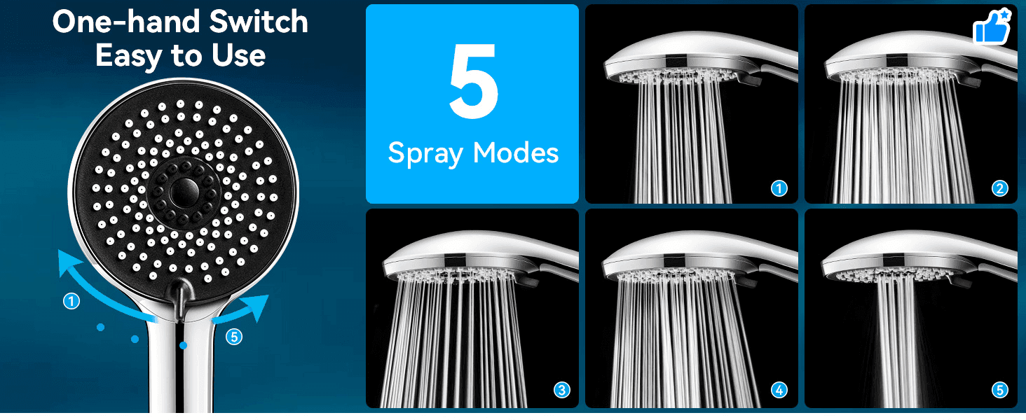 Highlights the number of spray settings available on the shower head. Shows how to switch between spray modes easily with one hand.