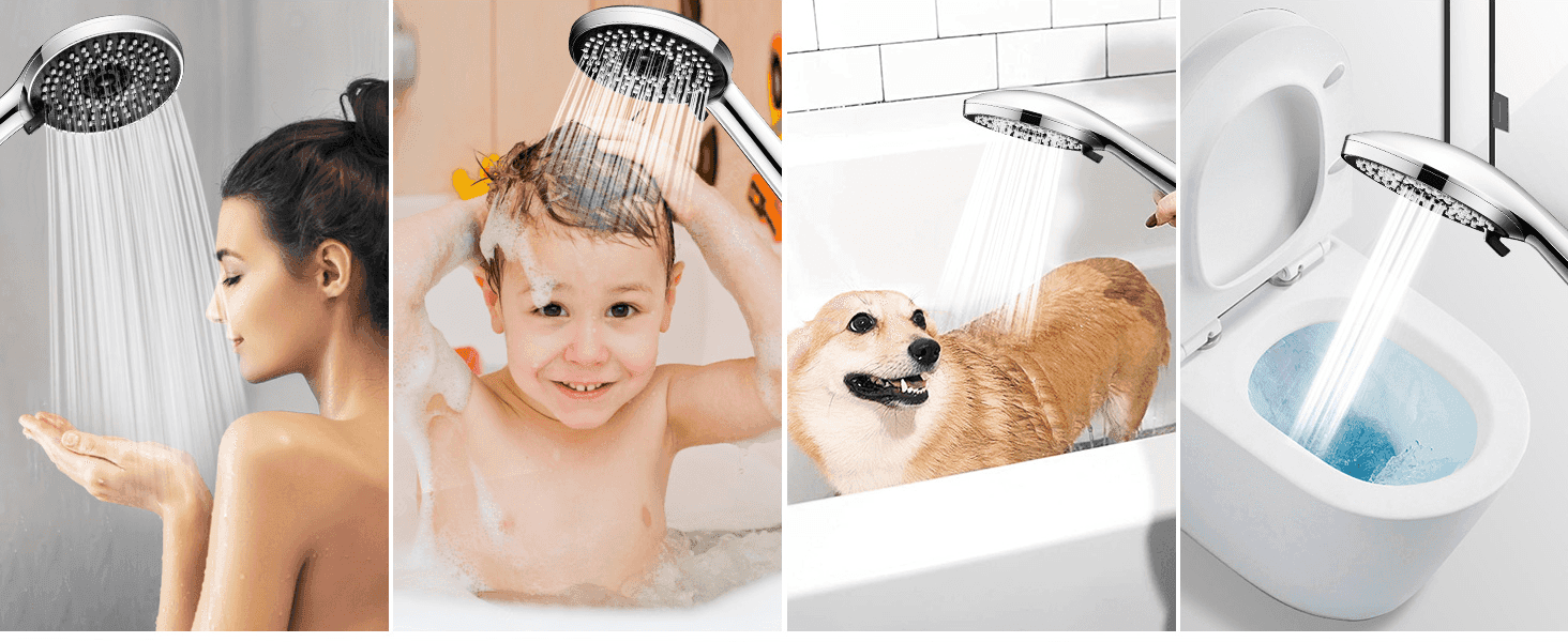 Shows the versatility of the shower head across multiple use cases in the home.