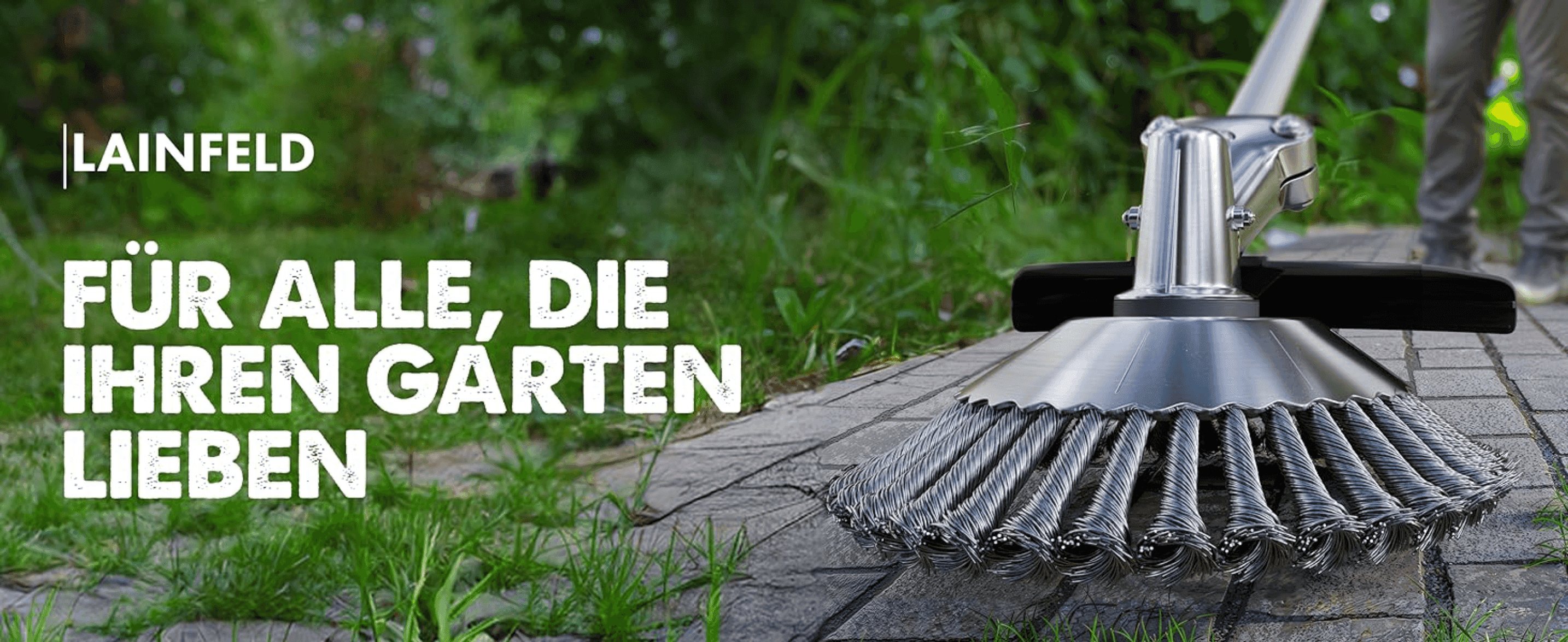 Introduces the Lainfeld brand with an emotional tagline for garden lovers over a lifestyle scene.