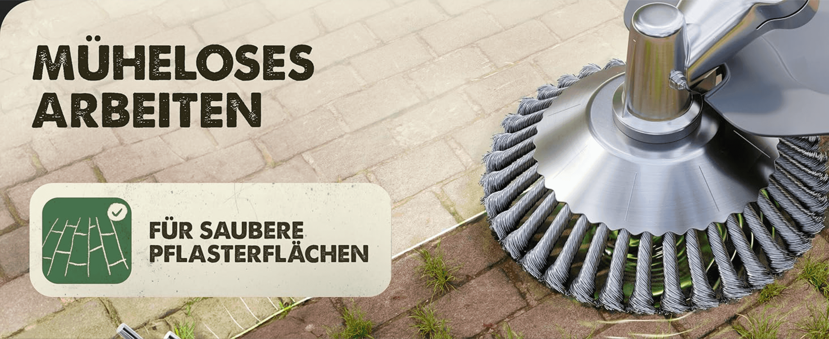 Shows the weed brush attachment gliding easily over paved surfaces to reassure buyers the tool makes clearing weeds from pavement effortless.