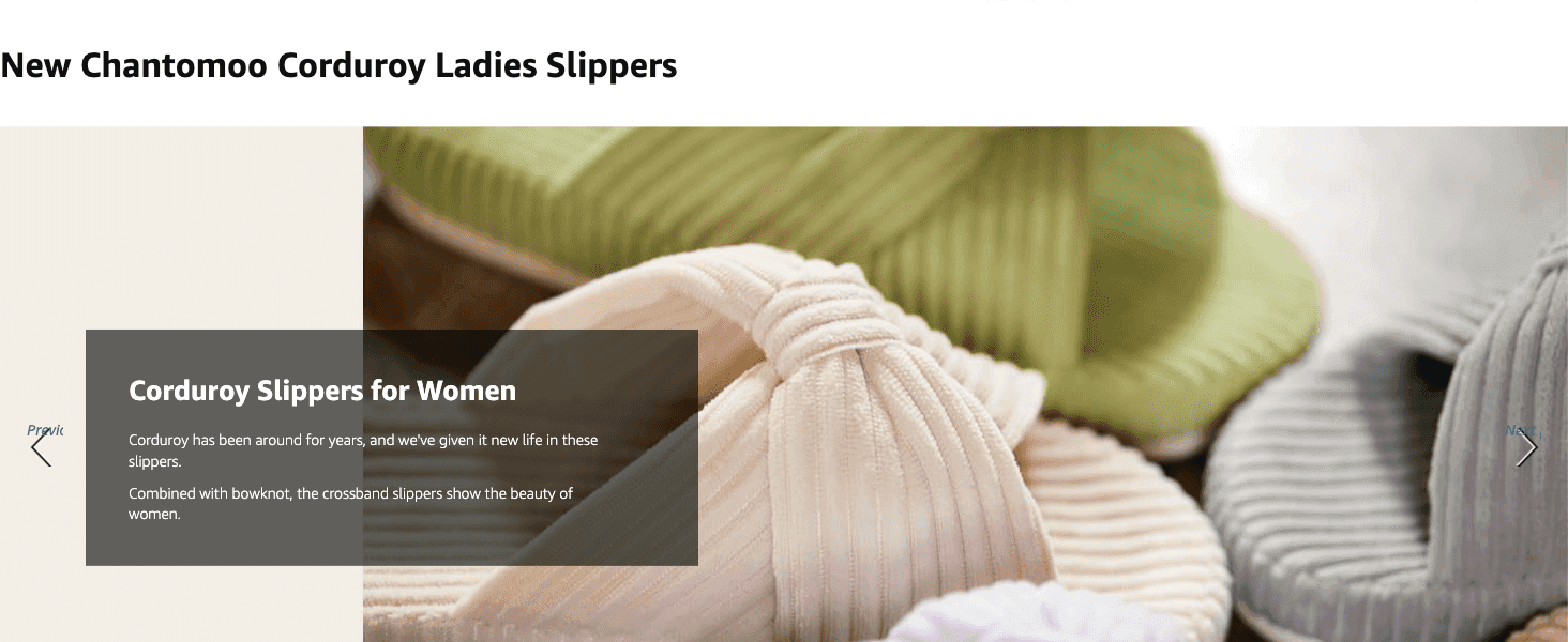 Introduces the slipper's corduroy fabric and bowknot styling as a fresh take on a classic material to draw shoppers into the product story.
