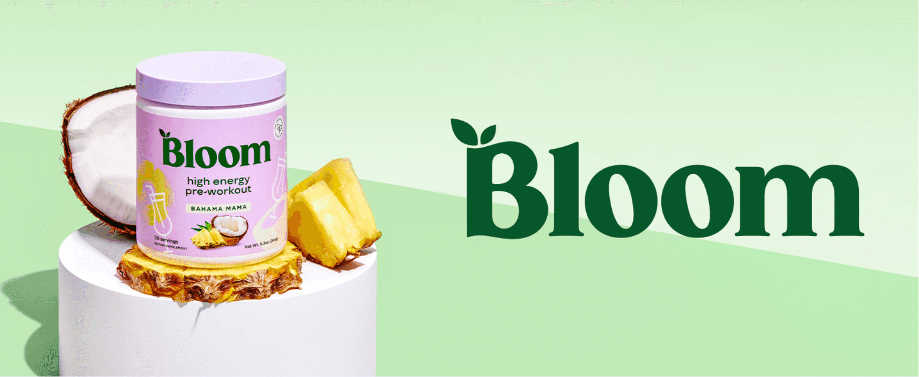 Introduces the Bloom brand and its pre-workout in a bright tropical setting to build recognition.