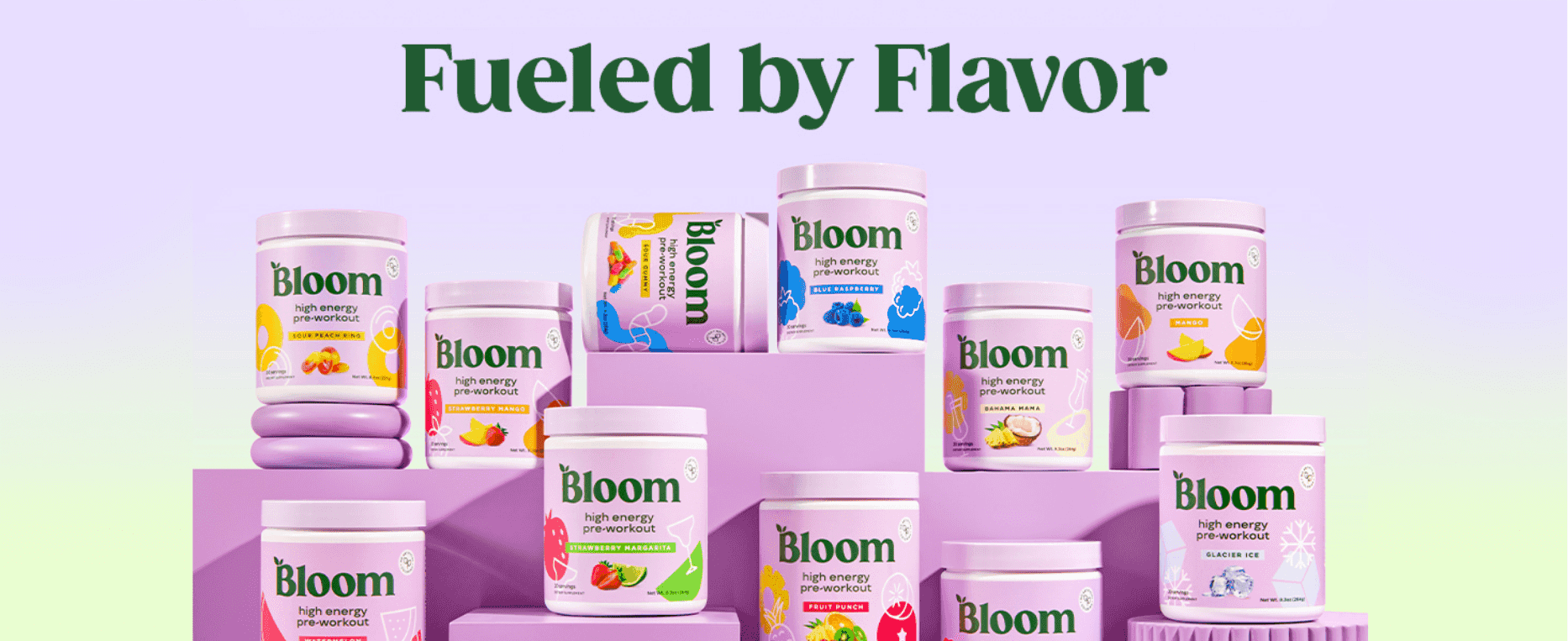Shows the full range of Bloom pre-workout flavors so shoppers see the variety on offer.