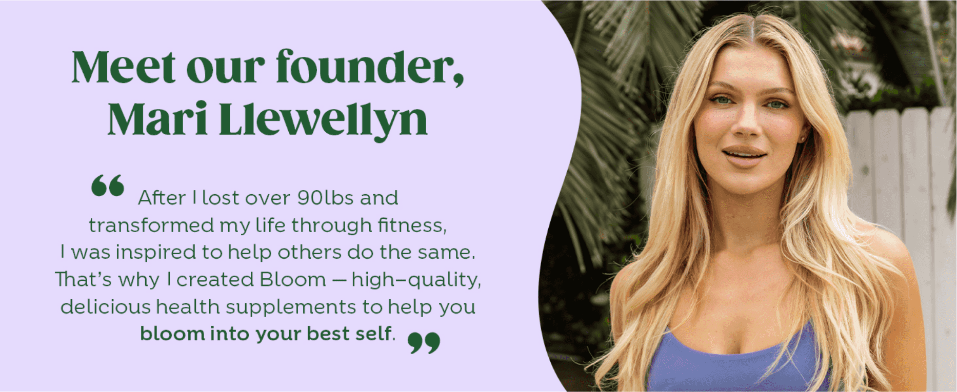 Introduces the founder and her personal fitness journey to build an emotional connection and trust in the brand.