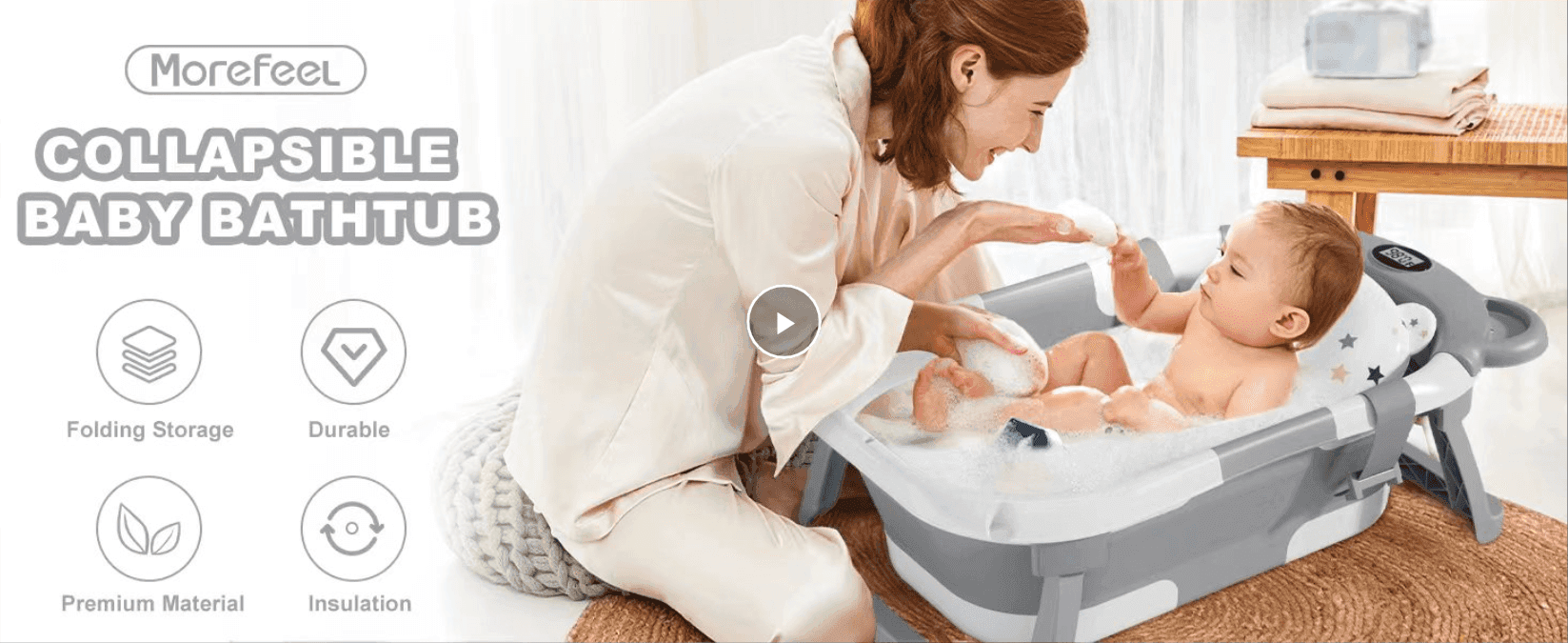 Shows the bathtub in use with four icon-labeled benefits so parents quickly grasp storage, durability and material.