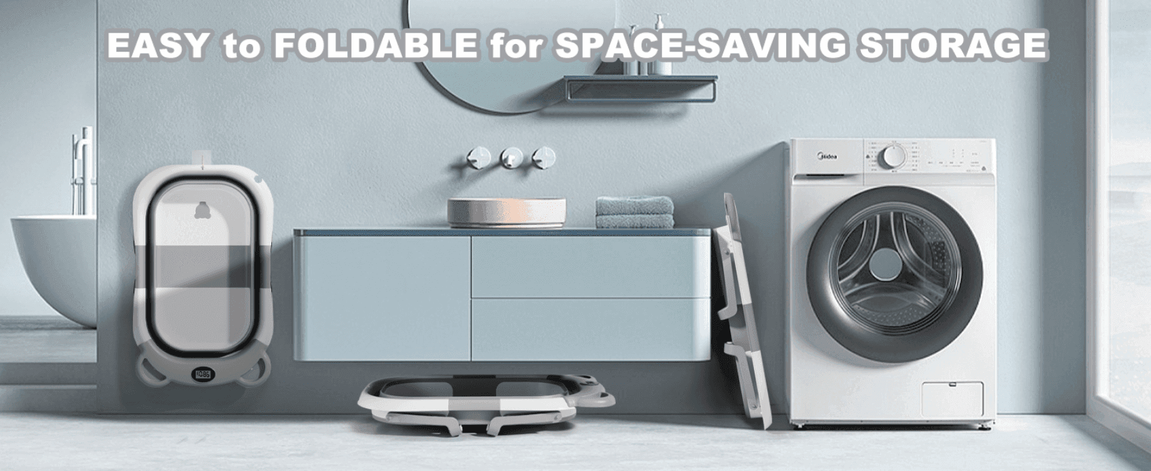 Shows the tub folded flat in a real bathroom so shoppers see it stores easily in small spaces.
