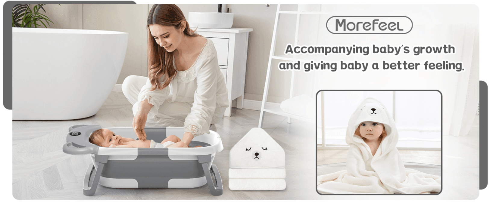 Builds trust in the Morefeel brand with a caring message about supporting baby's growth and comfort.