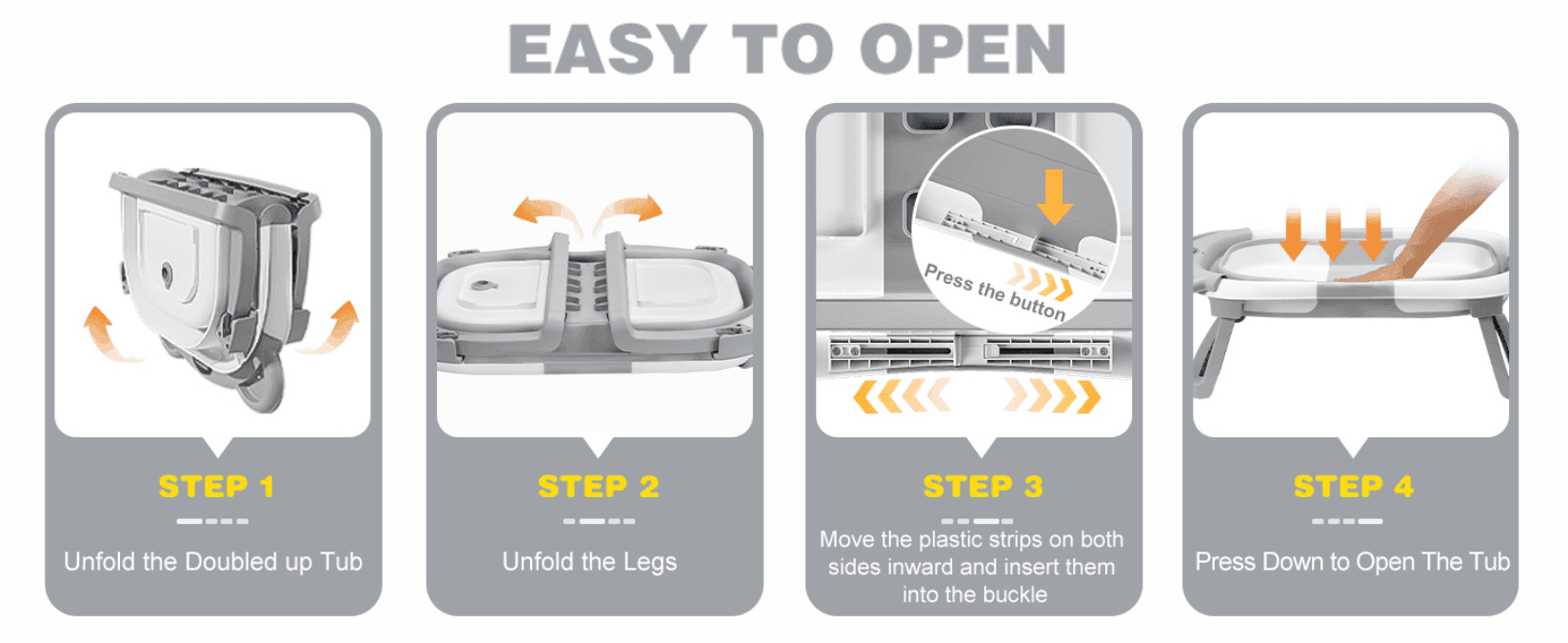 Walks shoppers through opening the tub in four simple steps to show it is easy to set up.