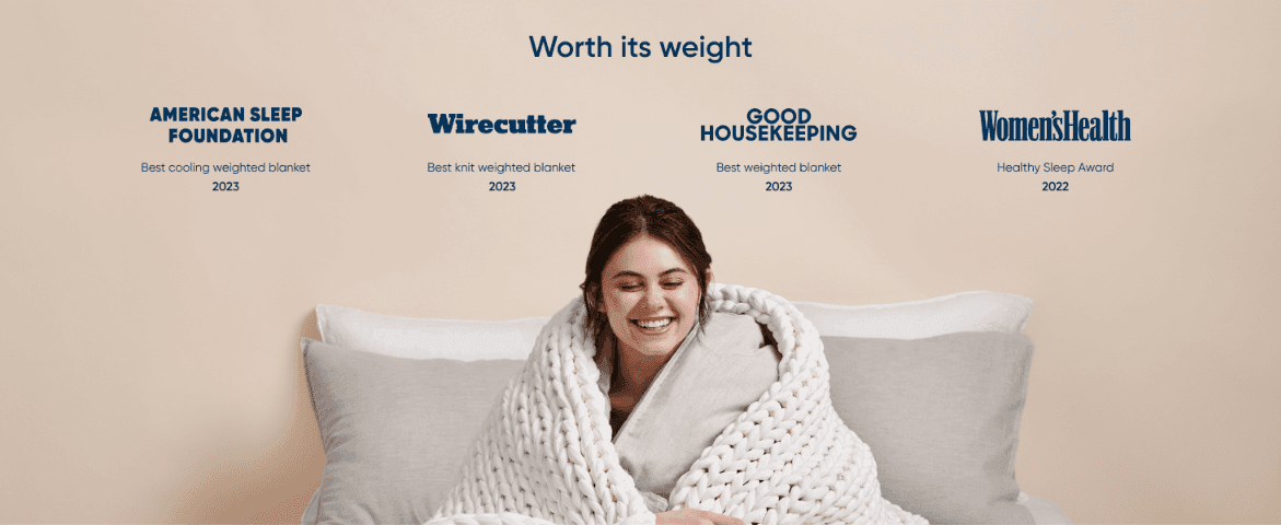 Reinforces trust and quality by showcasing sleep and product awards from recognized publications like Wirecutter and Good Housekeeping.