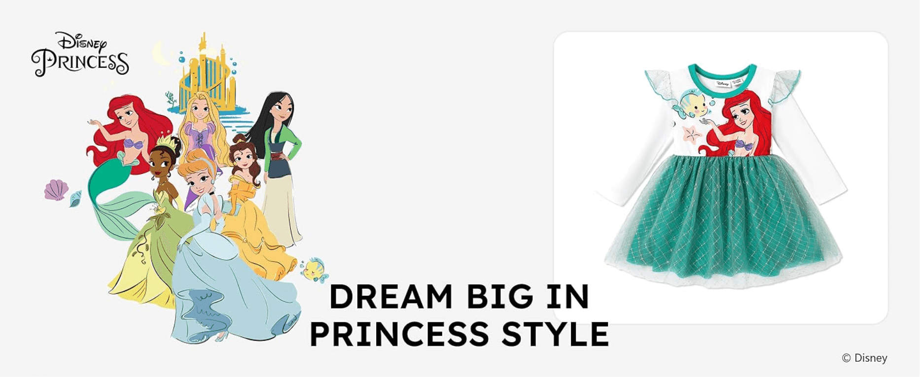 Ties the dress to the Disney Princess brand, so shoppers see it as a licensed, character-led style.