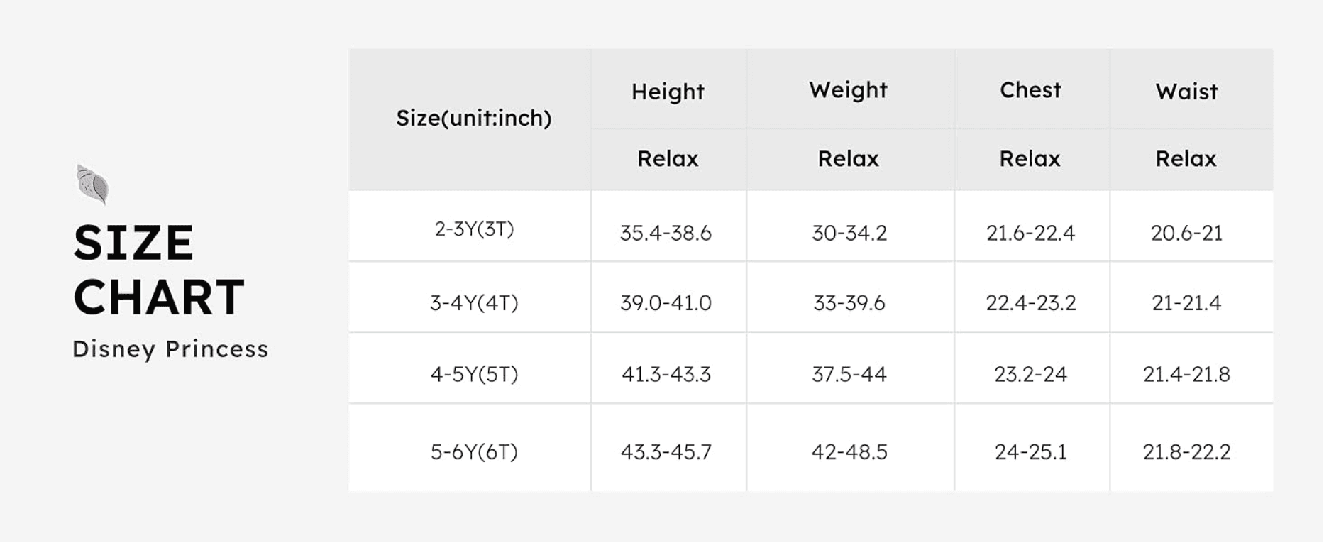 Gives height, weight, chest and waist measurements by age so parents can pick the right size.