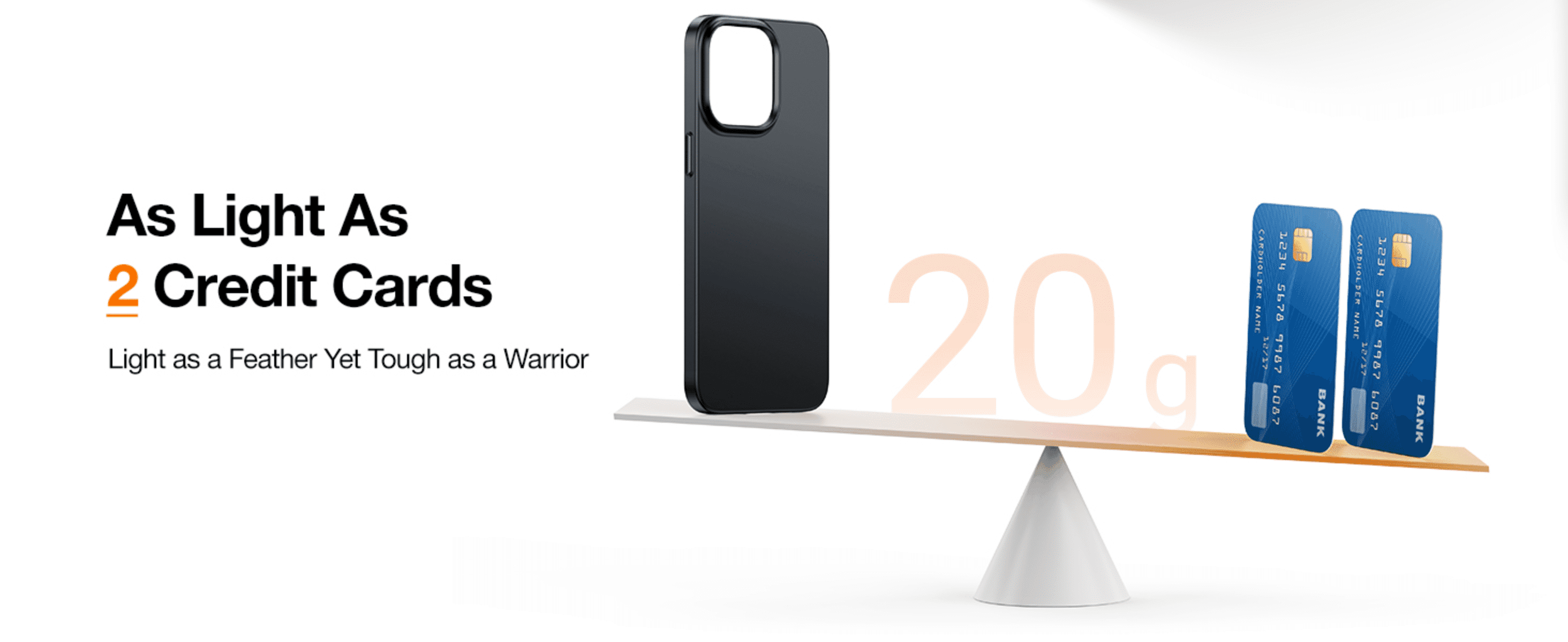 Uses a 20g weight and a credit card comparison so shoppers grasp how light the case is. Communicates one clear benefit, lightweight yet tough, in a simple balanced scene.