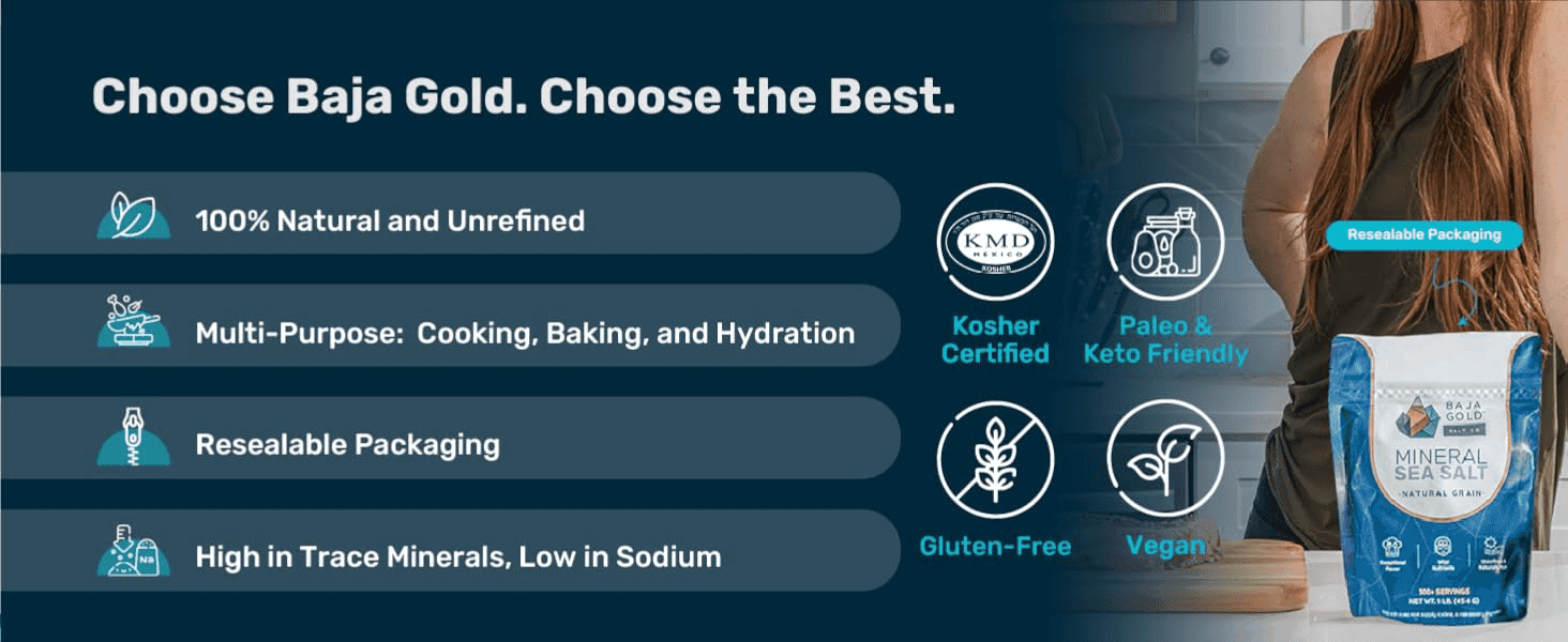 Lists the salt's key benefits and dietary certifications in one panel to reassure shoppers it fits their diet. Shows certification and dietary-suitability badges to build trust in the product.