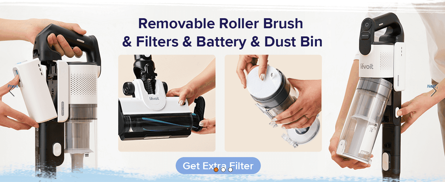 Shows how to detach and clean the roller brush, filters, battery and dust bin for easy maintenance. Highlights that multiple parts of the vacuum are removable and washable for convenient upkeep.