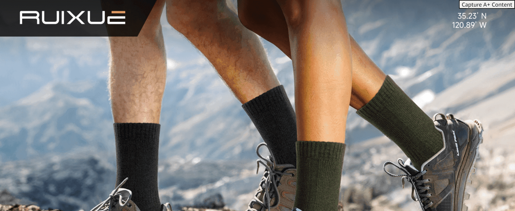 Opens the A+ section with the Ruixue logo over a hiking scene to tie the brand to outdoor trekking. Shows the socks worn on a mountain trail so shoppers can picture using them outdoors.