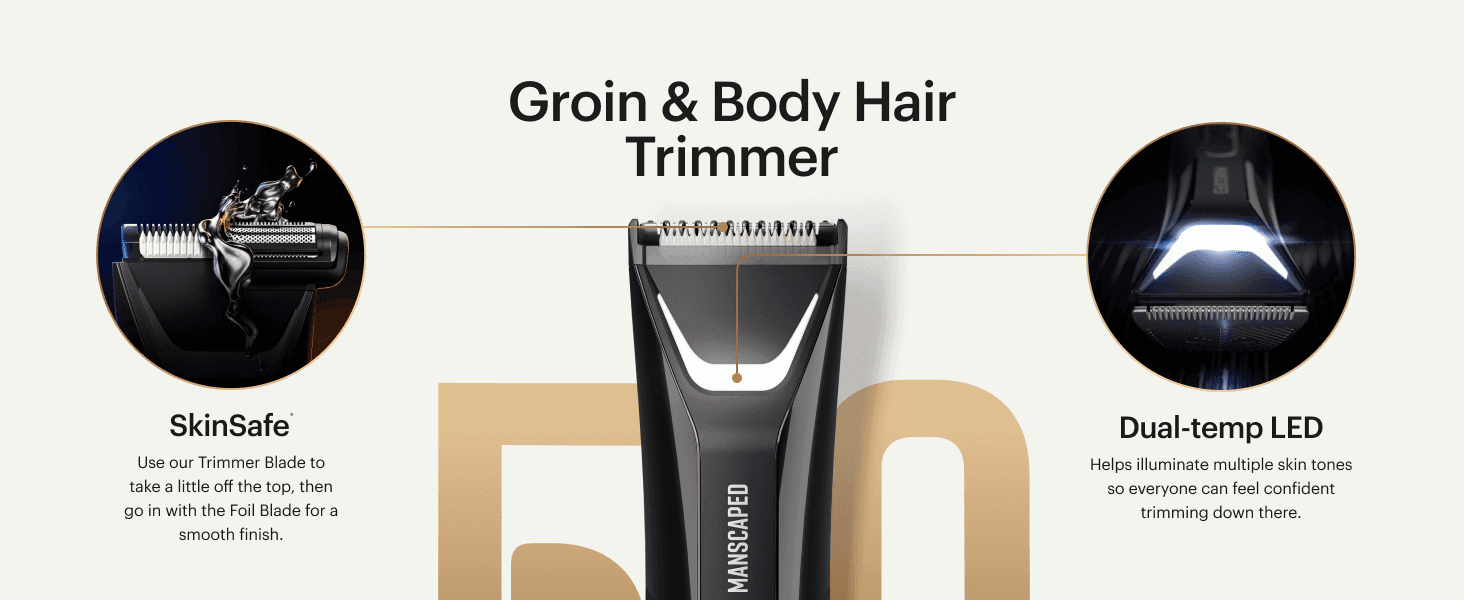 Uses zoom circles and callout lines on the trimmer to show the blade system and LED light, so shoppers see how it gives a smooth finish. Highlights two separate features in split callout zones to…