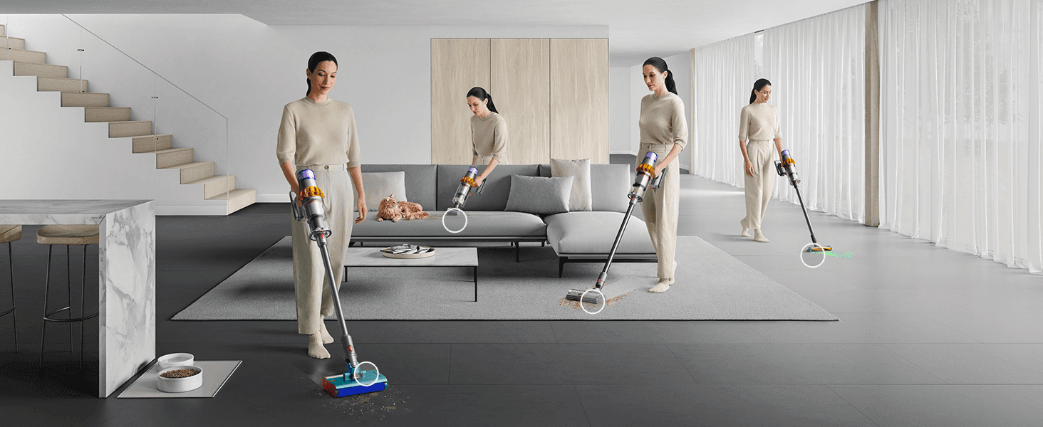 Shows the vacuum cleaning different messes around a real living room, so shoppers can picture it working across their home.