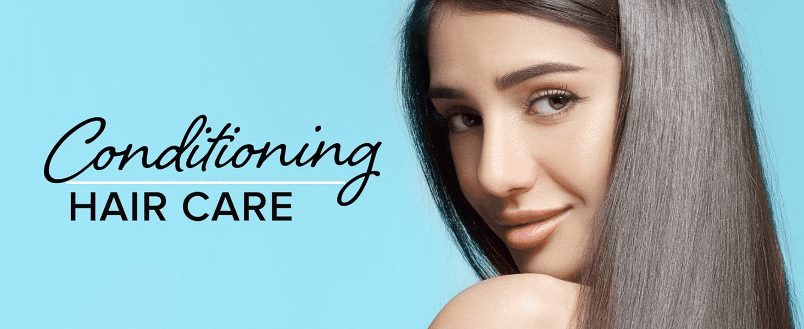 Introduces the product as a conditioning hair care solution alongside an aspirational model image.
