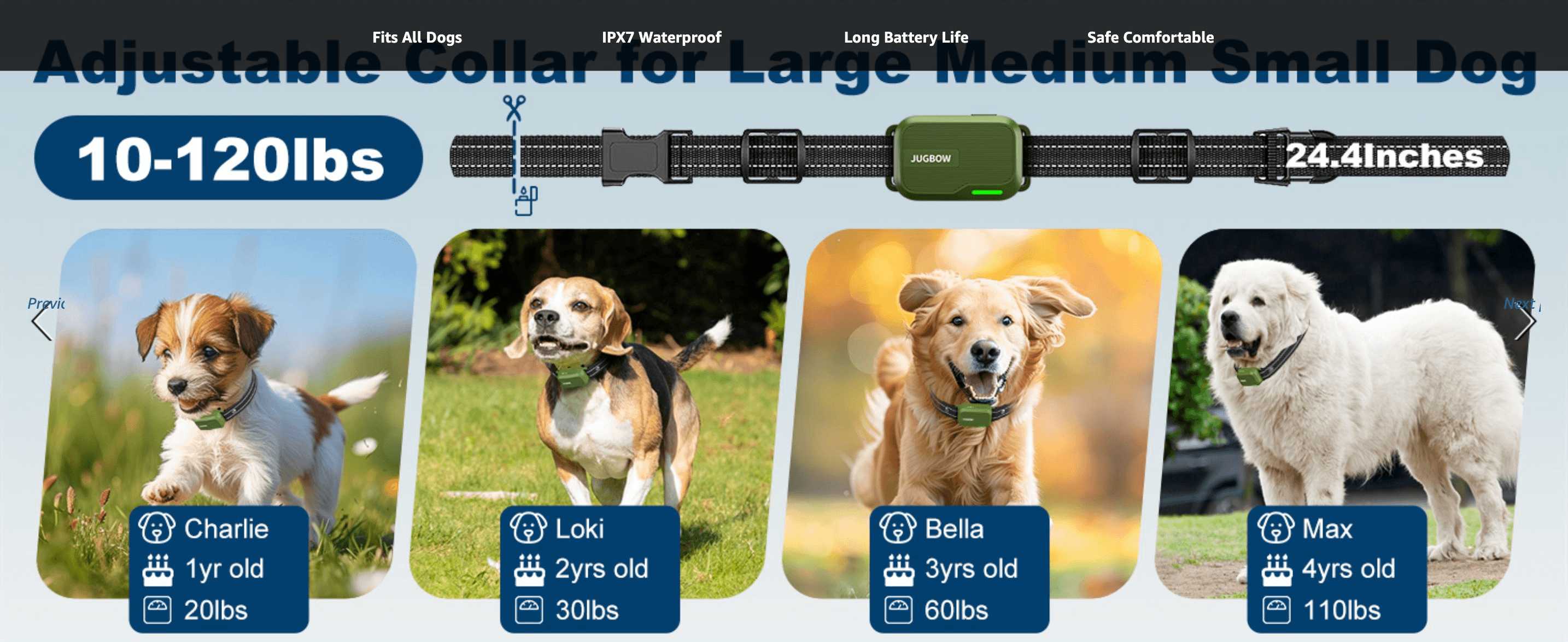 Shows the collar adjusts to fit dogs of any size from 10-120lbs at up to 24.4 inches, reassuring buyers it will fit their specific dog. Highlights four key benefits (universal fit, waterproofing,…