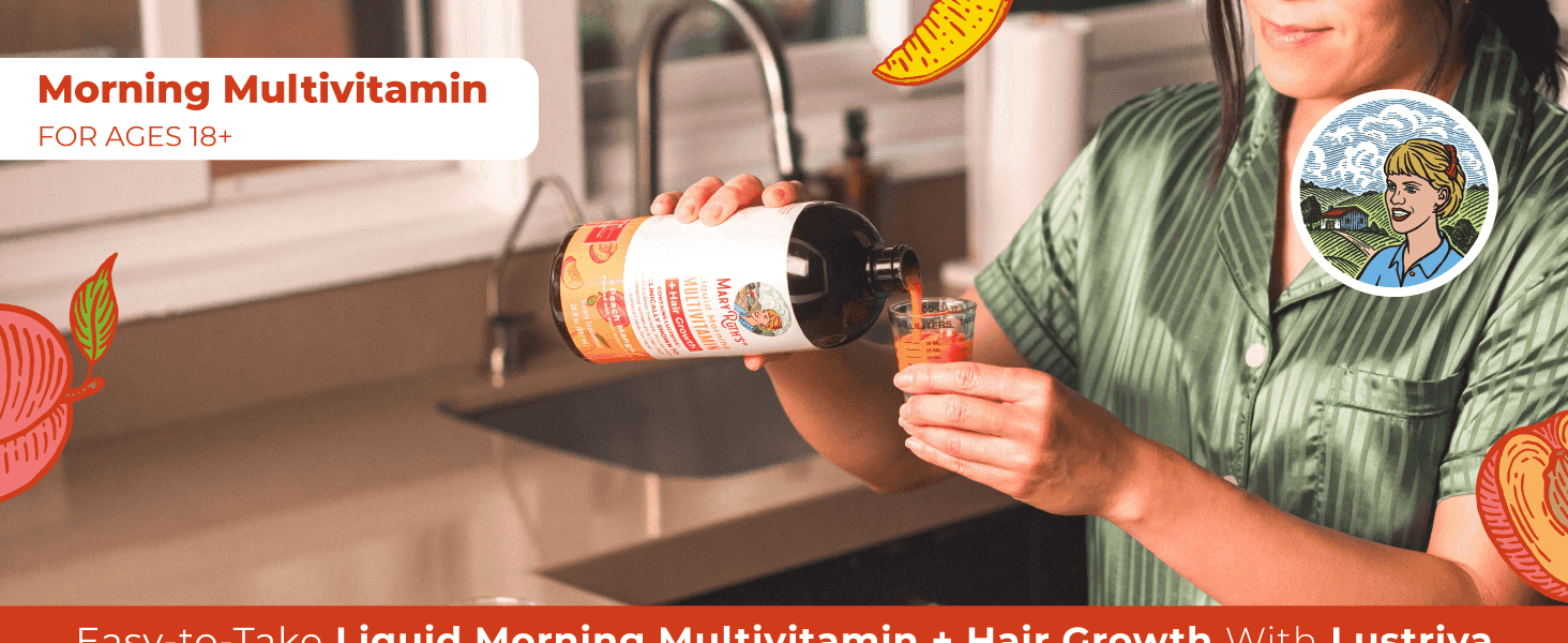 Shows the liquid multivitamin being poured in a real kitchen, so shoppers see how easy it is to take each morning.