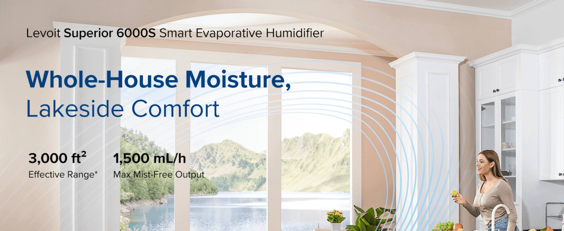 Promises whole-house humidity comfort in a calm lakeside scene, so shoppers trust it to cover a large space. Backs the claim with 3,000 ft² range and 1,500 mL/h output, so shoppers can judge the…