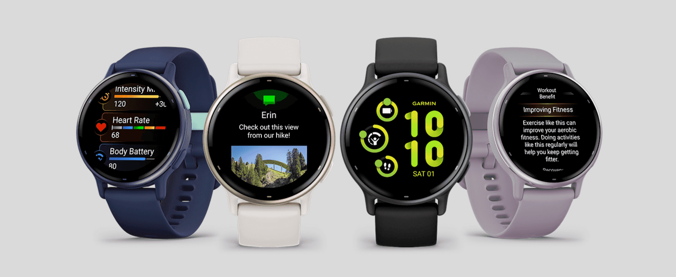 Showcases different watch faces and app capabilities (fitness stats, photo messaging, time display, workout insights) to demonstrate the smartwatch's range of features.