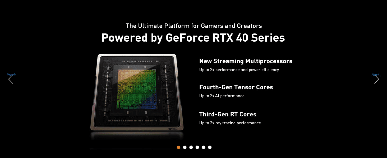 Breaks down three distinct GeForce RTX 40 Series improvements—Streaming Multiprocessors, Tensor Cores, and RT Cores—to communicate performance gains.