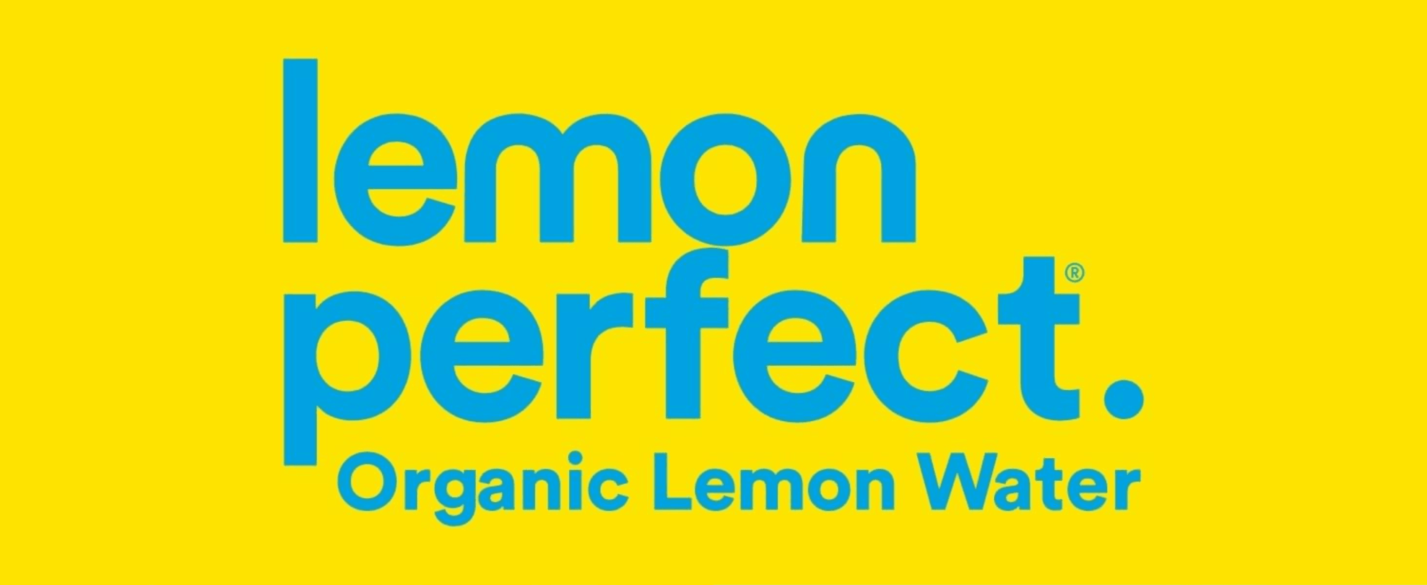 Presents the Lemon Perfect logo and organic lemon water descriptor to build brand recognition.