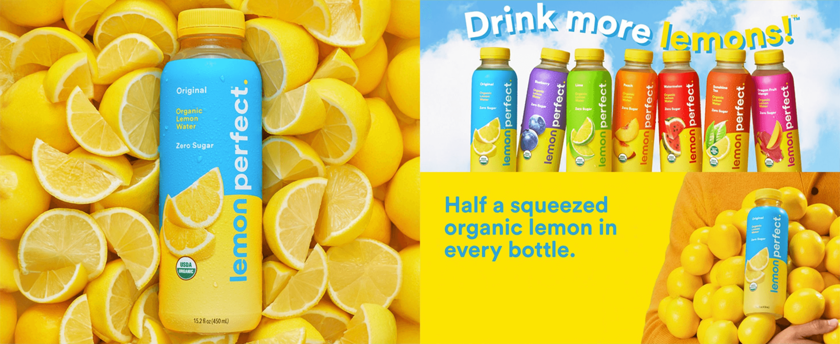 Shows the full flavor range and a fresh lemon message so shoppers see the brand's variety and real-fruit quality. Backs up the claim of half a squeezed organic lemon in every bottle.