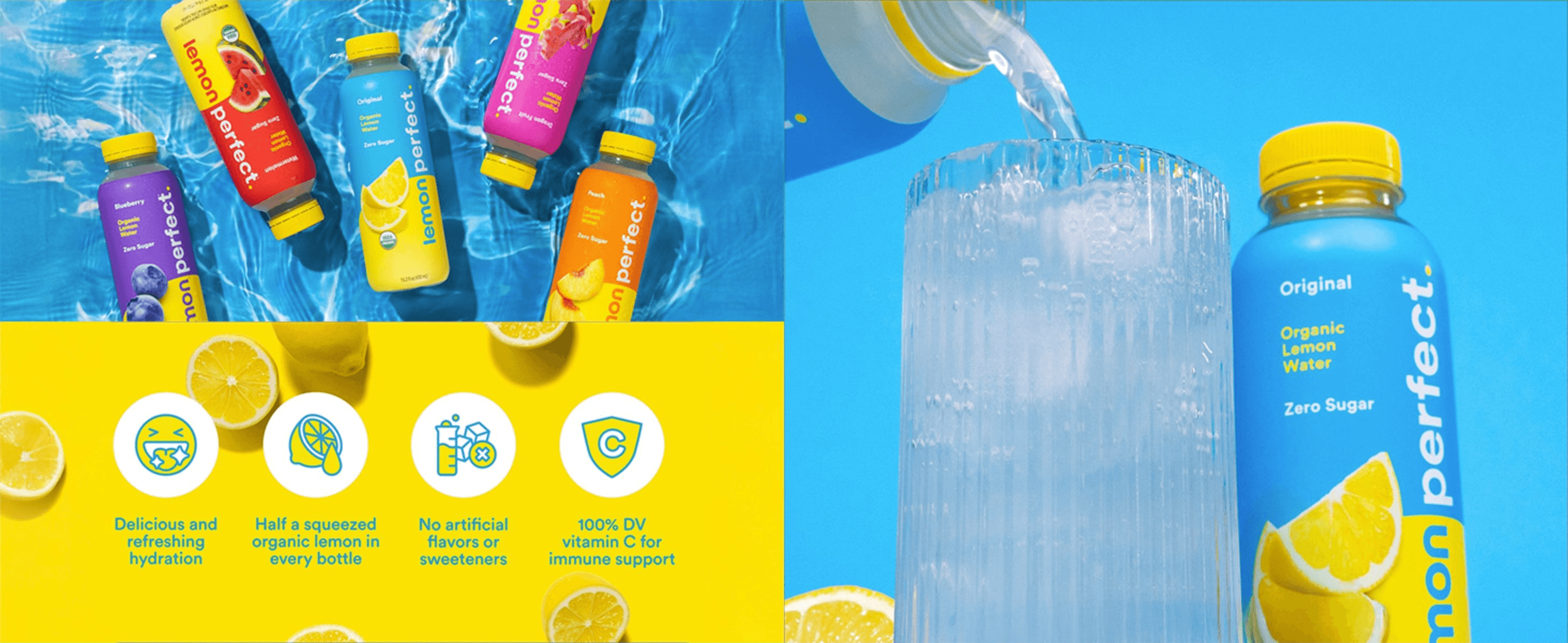 Pairs product and pour photography with four icon benefits so shoppers see the taste, ingredient and vitamin C claims at a glance.