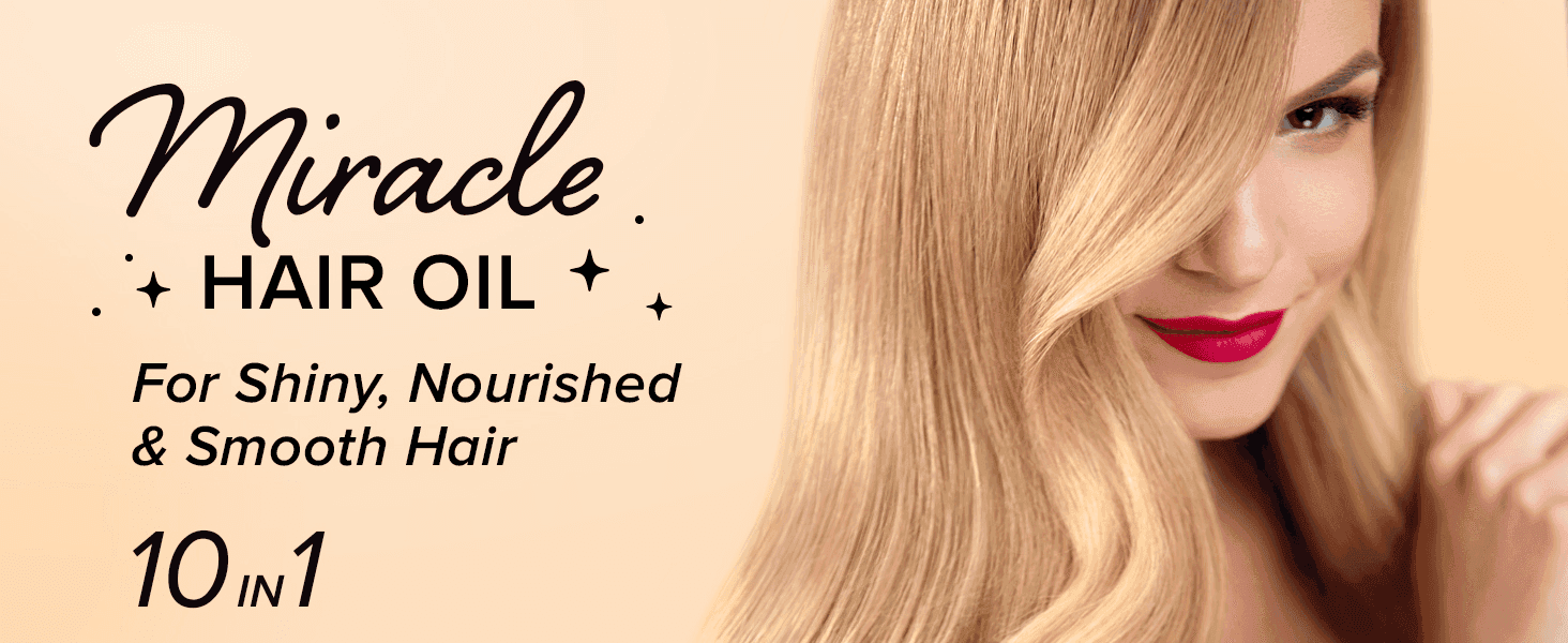 Introduces the hair oil with its name and core promise of shiny, nourished, smooth hair to set up the A+ story.