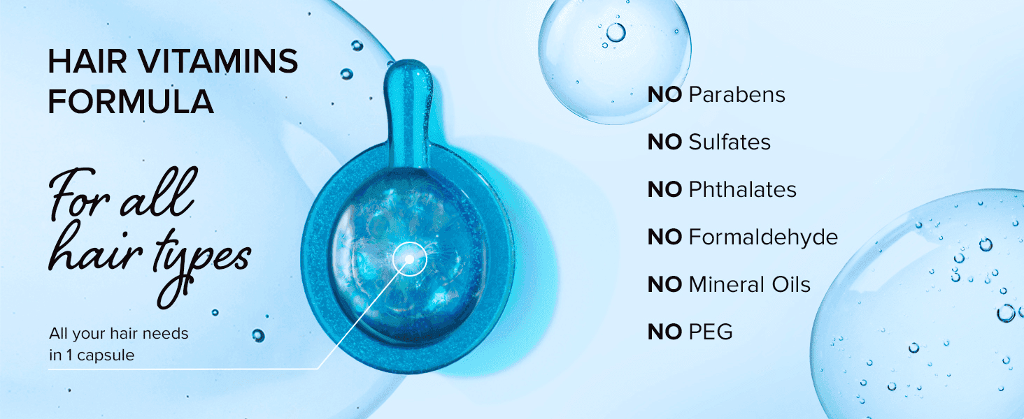 Reassures shoppers the formula avoids parabens, sulfates and other harsh ingredients. Promotes the single-capsule vitamin formula as meeting all hair needs for any hair type.