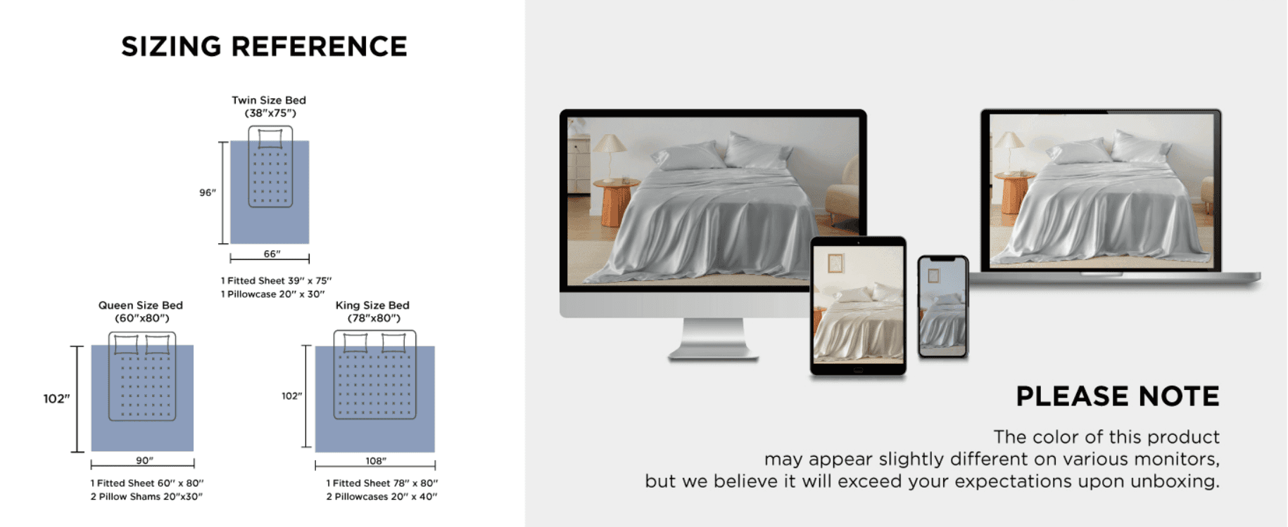 Gives exact sheet dimensions for twin, queen and king beds and warns that screen colors may differ, so shoppers pick the right size and set expectations.