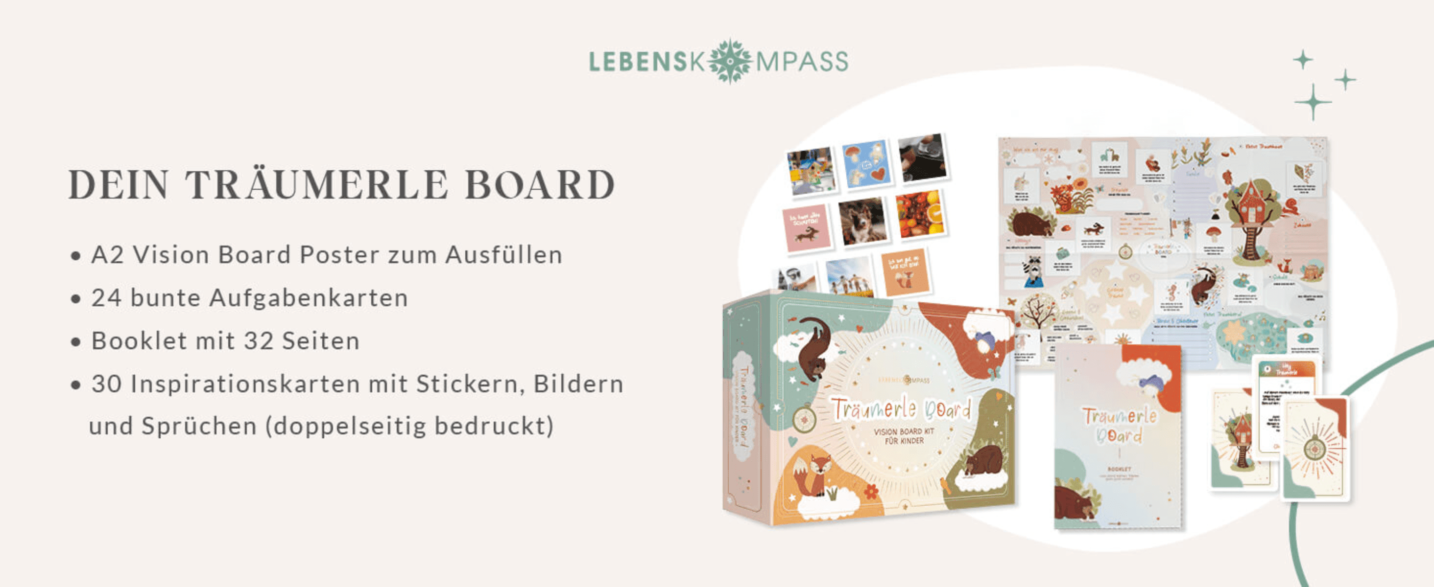Shows everything included in the Träumerle Board kit (poster, task cards, booklet, inspiration cards) so shoppers know exactly what they receive.