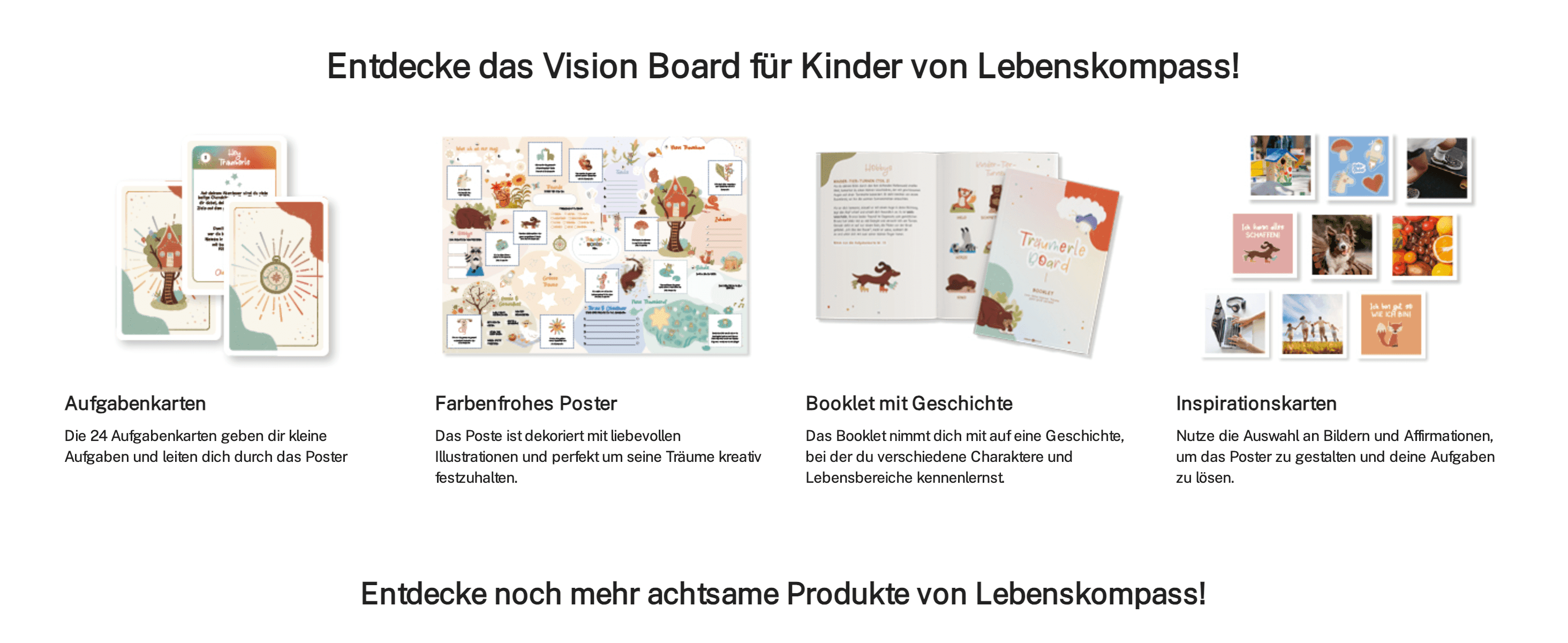 Shows shoppers everything included in the set — task cards, poster, booklet, and inspiration cards — to communicate the full value of the purchase.