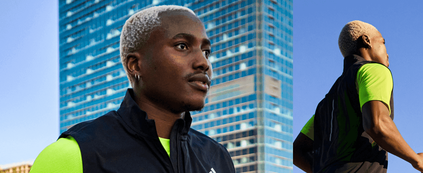 Shows the athlete wearing the apparel in an urban running setting to build an aspirational, on-brand mood.