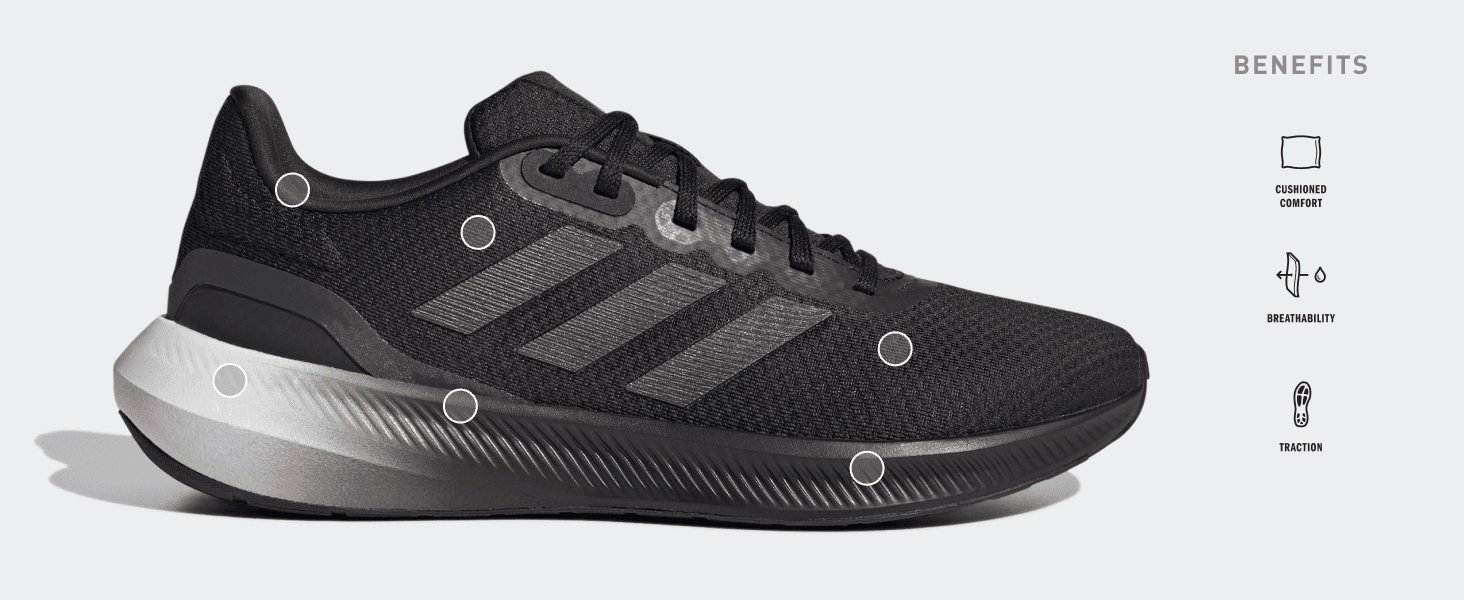 Points to the specific zones of the shoe responsible for cushioned comfort, breathability and traction to reassure shoppers of the shoe's performance.