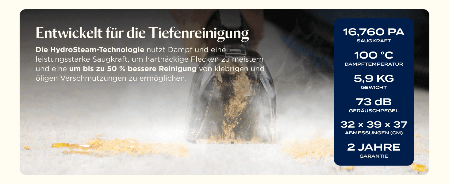 Backs the deep-cleaning claim with hard numbers such as 16,760 Pa suction and 100 °C steam, so shoppers can trust the performance. Lays out six specs in a segmented panel so shoppers can scan the…