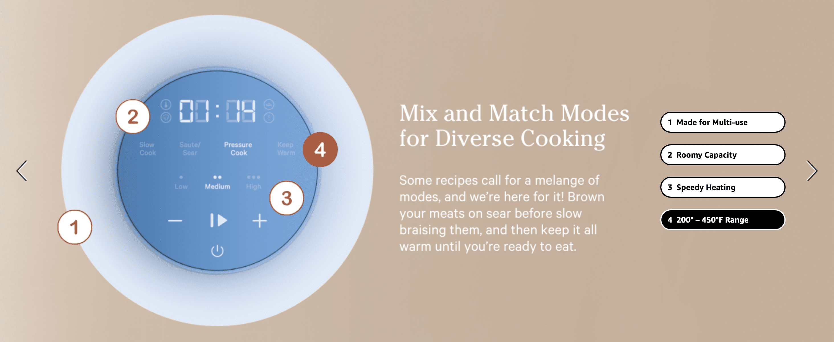 Numbers the multicooker's control panel to show its physical features, so shoppers see what the dial offers. Lists four benefits in pill labels: multi-use, roomy capacity, speedy heating and a wide…