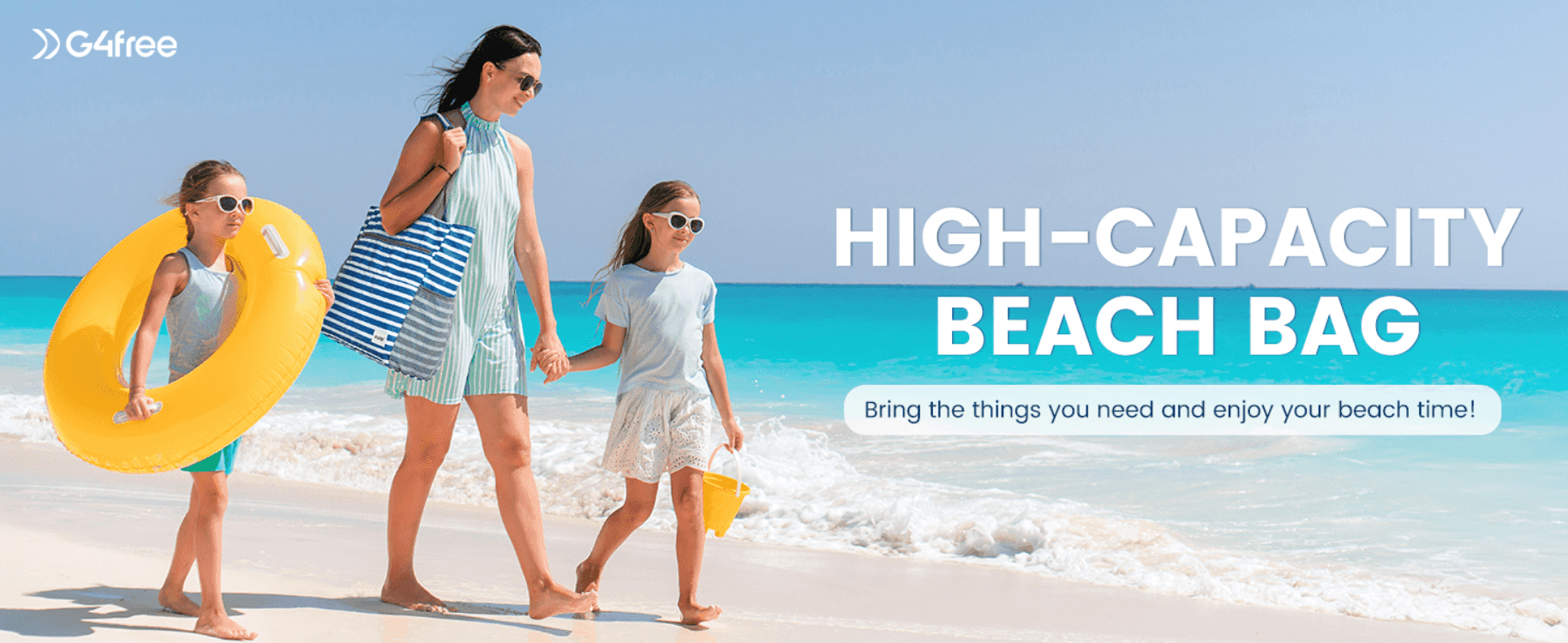 Uses a family beach scene to show the bag holds everything needed for a beach day.