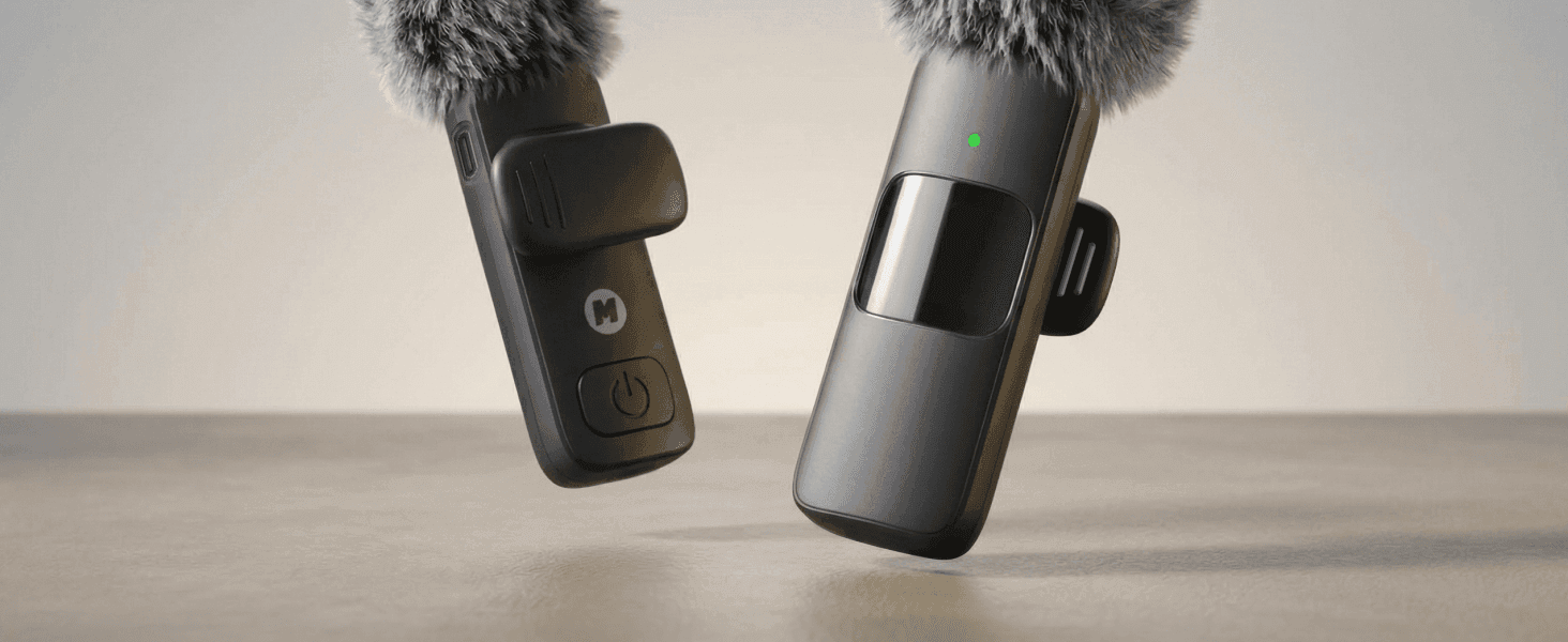 Shows the sleek, compact design of the two mic units in a clean studio scene to build visual appeal.