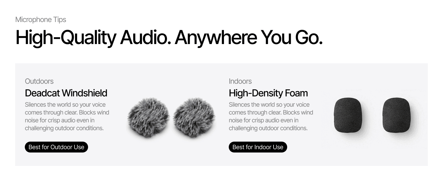 Highlights two included windshield accessories, showing shoppers which one to use for outdoor versus indoor recording.