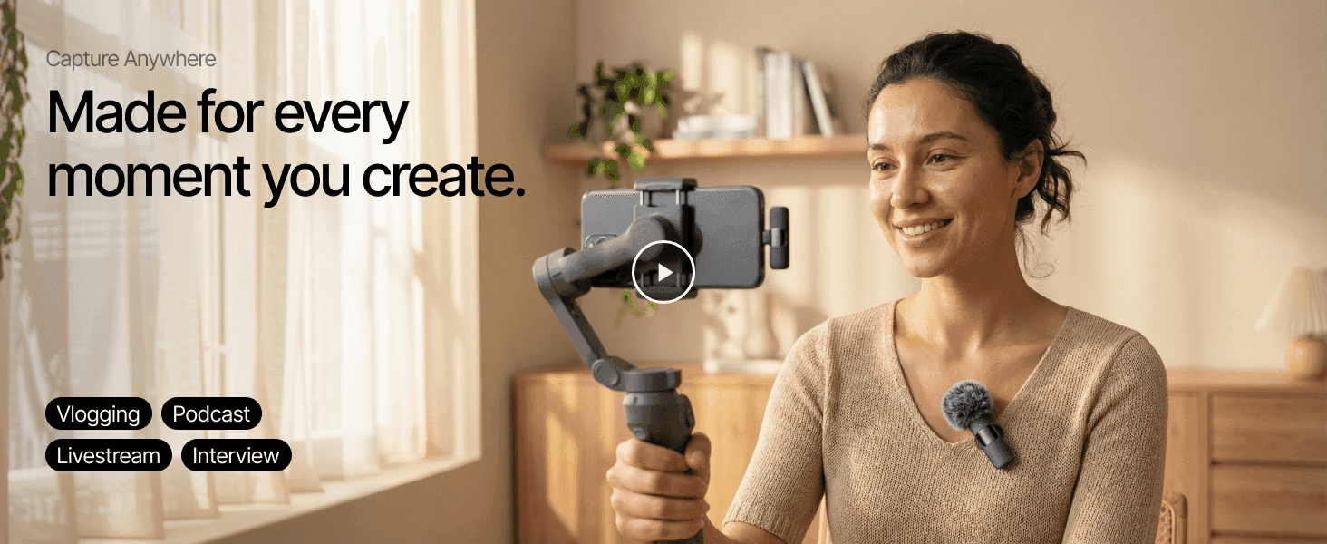 Shows the mic used across four different content-creation scenarios to demonstrate its versatility for creators. Reinforces one overarching benefit — the mic fits any creative moment — through a…