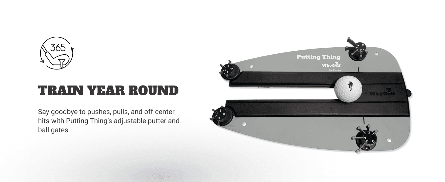 Highlights that the adjustable putter and ball gates let golfers train consistently all year to fix pushes, pulls, and off-center hits.